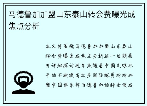 马德鲁加加盟山东泰山转会费曝光成焦点分析 马德鲁加加盟山东泰山转会费曝光成焦点分析