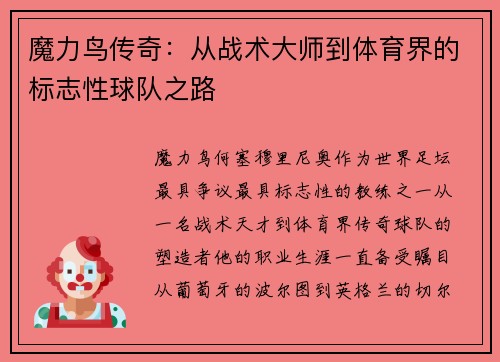 魔力鸟传奇:从战术大师到体育界的标志性球队之路 魔力鸟传奇:从战术大师到体育界的标志性球队之路
